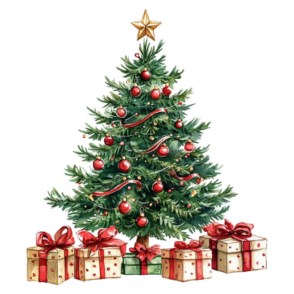 christmas tree, holiday, festive, red ornaments, gold star, evergreen, winter, traditional, vintage, elegant, red and green, cream, kraft paper, wrapped presents, gift boxes, red ribbons, bows, seasonal, christmas, december, decorative, timeless, classic, nostalgic, red baubles, gold accents, nature-inspired, celebration