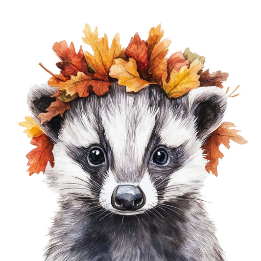 raccoon, autumn leaves, fall, woodland animals, wildlife, forest green, burnt orange, golden yellow, rust, cream, black and white, whimsical, cute animals, nature, seasonal, autumn, harvest, woodland creatures, animal portrait, children's, playful, rustic, charming, leaf crown, decorative panel, wall art, baby quilt, nursery, cozy, warm tones