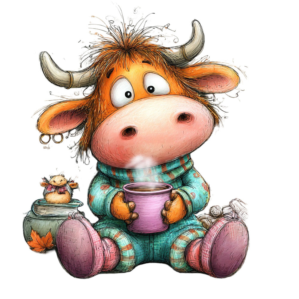 whimsical cow, orange brown, dusty rose, teal green, plaid pattern, farmhouse, cute animals, children's, baby quilt, cozy, rustic charm, folk art, cheerful, striped, cottage core, autumn, warm colors, playful, illustration style, adorable character, sitting cow, holding cup, small mouse friend, country theme, nostalgic, storybook, decorative panel, pastoral