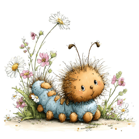 whimsical hedgehog, baby animals, spring flowers, soft blue, warm brown, cream, pale pink, daisy, wildflowers, nature, garden, children's illustration, cute, playful, woodland creatures, rustic, charming, innocent, gentle, soft colors, floral design, animal friends, nursery, baby quilt, storybook style, botanical, meadow, sweet, delicate illustration, artistic watercolor