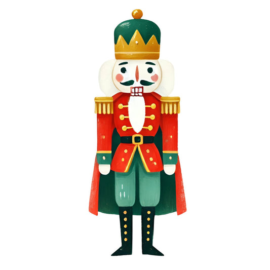 nutcracker, holiday, christmas, festive, nutcracker soldier, red, forest green, dark green, gold, cream white, traditional, whimsical, vintage, toy soldier, crown, military uniform, epaulettes, cape, classic, seasonal, winter, december, nostalgic, children's, decorative, character, royal, marching band, holiday decoration, festive cheer