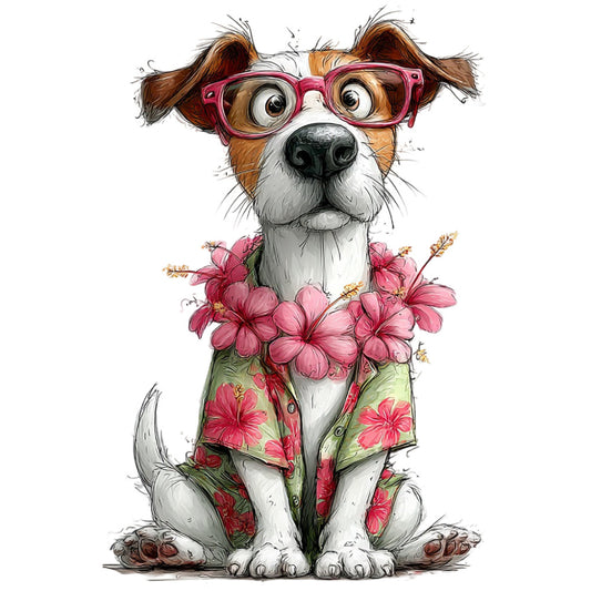 dog, cute dog, dog wearing glasses, pink glasses, floral shirt, pink flowers, hibiscus, tropical, whimsical, quirky, funny animals, pet themed, spring, summer, bright colors, coral pink, sage green, white, brown, animal illustration, humorous, playful, nature inspired, garden theme, children's, novelty, character fabric, dog lover, pet lover