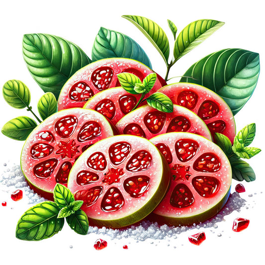 grapefruit, citrus fruit, red fruit, botanical, nature, tropical, summer, fresh fruit, food themed, green leaves, leaf motifs, realistic illustration, watercolor style, vibrant colors, bright red, pale pink, cream, soft green, sage green, food and beverage, kitchen decor, farmhouse style, whimsical, detailed design, lifelike, natural themes, fruit print, decorative art, home decor, food illustration