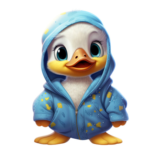 baby duck, duckling, blue hoodie, pajamas, turquoise, yellow accents, orange beak, orange feet, white chest, cute animal, fabric panel, quilting cotton, nursery theme, kawaii style, adorable character, soft illustration, children's fabric, baby theme, cozy clothing, cartoon duck