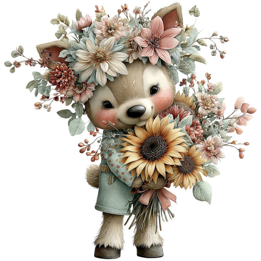 cute animal, teddy bear, floral, wildflowers, daisies, sunflowers, dahlias, dusty rose, cream, sage green, eucalyptus, muted pastels, soft colors, whimsical, botanical, nature themed, vintage, romantic, springtime, garden flowers, bear illustration, character panel, children's, baby, nursery, woodland, cottage core, hand-drawn, illustrated, gentle style