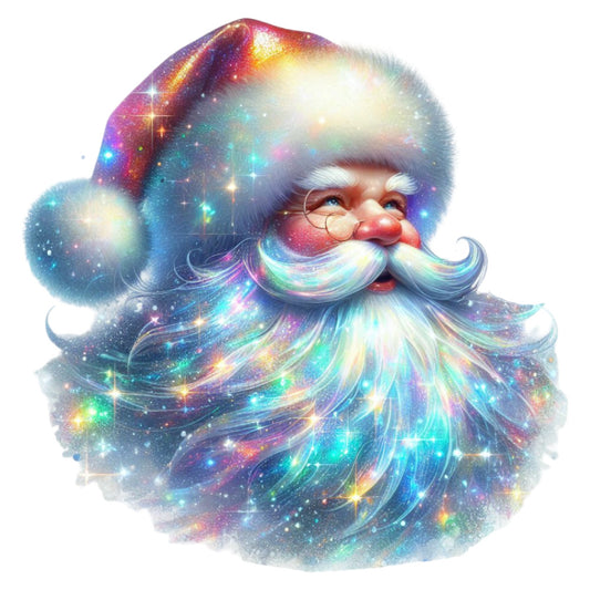holographic santa, iridescent, galaxy, celestial, christmas, holiday, rainbow, metallic, magical, whimsical, cosmic, aurora borealis, sparkly, luminous, festive, multicolor, jewel tones, cyan blue, hot pink, gold accents, enchanted, winter, decorative panel, wall art, novelty, prismatic, glowing effects, santa claus, christmas decor