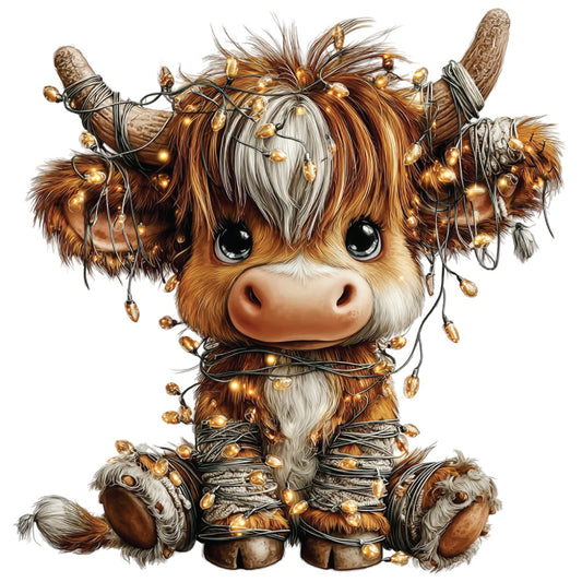 highland cow, christmas lights, brown fur, golden lights, cute animal, shaggy hair, big eyes, festive decoration, warm amber, rustic charm, holiday theme, cozy winter, fabric panel, quilting cotton, adorable calf, christmas decor, soft brown, creamy white, glowing bulbs, winter celebration
