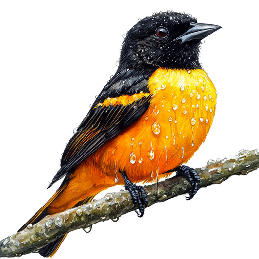 baltimore oriole, bird illustration, orange breast, black head, black wings, water droplets, rain drops, perched bird, branch, realistic artwork, nature design, fabric panel, quilting cotton, songbird, wet feathers, detailed illustration, wildlife art, spring bird, bright orange, charcoal black