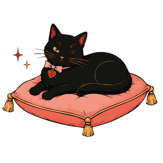 black cat, coral pink, gold accents, red heart, whimsical, celestial, stars, bow tie, ornate pillow, elegant, magical, mystical, animal motifs, cat lover, decorative, luxury, vintage inspired, charming, cute animals, heart charm, sparkle, gold tassels, fantasy, enchanted, pet themed, playful, romantic, decorative cushion, artistic