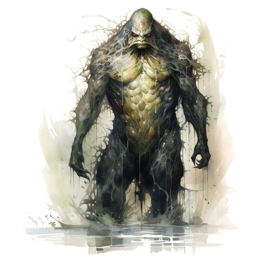 dark fantasy, gothic, creature, monster, swamp, forest green, olive green, charcoal gray, black, tan, beige, abstract, watercolor, dripping, organic, supernatural, horror, mystical, dark moody, nature inspired, theatrical, character design, costume, fantasy art, illustration style, earthy tones, weathered, textured, wall hanging, art panel