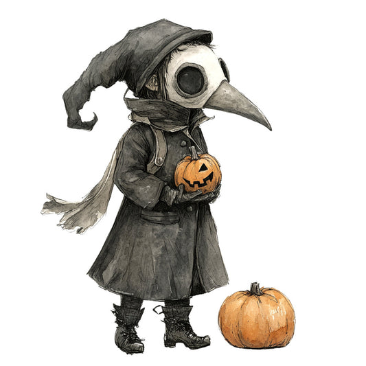 halloween, plague doctor, bird mask, pumpkin, autumn, fall, holiday, spooky, scary, dark gray, charcoal, orange, whimsical, gothic, vintage, steampunk, costume, trick or treat, jack-o-lantern, creepy, witchy, dark fantasy, character design, seasonal, october, festive, children's, storybook illustration, mysterious, grim