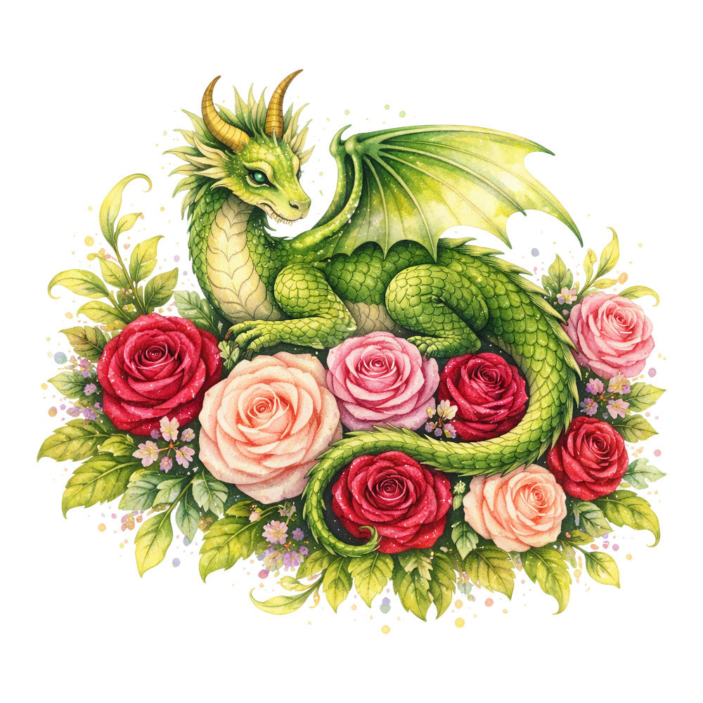 green dragon, fantasy, whimsical, roses, red roses, coral pink, sage green, yellow-green, nature, mythical creatures, floral, elegant, fairy tale, magical, botanical, garden, spring, summer, dragon and flowers, enchanted, storybook, decorative panel, wall art, vibrant colors, detailed illustration, romantic, dreamy, cottage core, nature-inspired