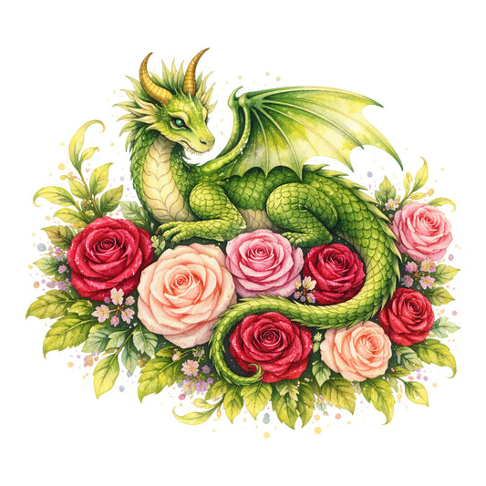 green dragon, fantasy, whimsical, roses, red roses, coral pink, sage green, yellow-green, nature, mythical creatures, floral, elegant, fairy tale, magical, botanical, garden, spring, summer, dragon and flowers, enchanted, storybook, decorative panel, wall art, vibrant colors, detailed illustration, romantic, dreamy, cottage core, nature-inspired