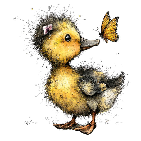 yellow duckling, gold yellow, black, brown, pink flower, butterfly, monarch butterfly, orange butterfly, whimsical, children's, baby, farmhouse, nature, animals, birds, spring, watercolor, sketch style, cute, playful, cheerful, garden, illustrated, storybook, nursery, toile, vintage inspired, woodland, country, pastoral