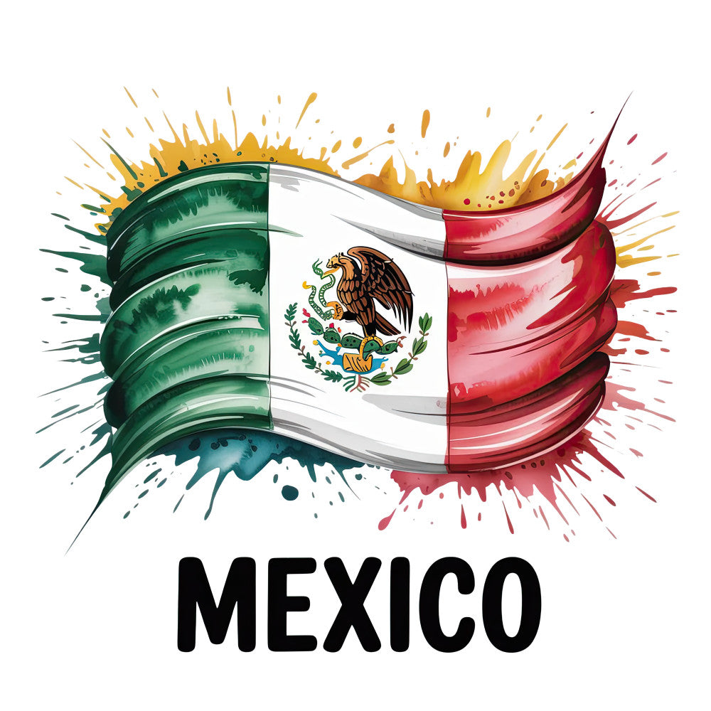green, red, white, mexican flag, eagle, serpent, paint splash, watercolor effect, patriotic, national symbol, coat of arms, dynamic movement, vibrant colors, fabric panel, quilting cotton, festive, cultural design, artistic brushstrokes, tricolor flag, mexico themed