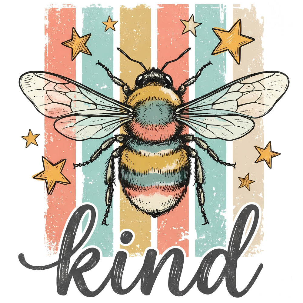 bee, bumble bee, insects, nature, stars, striped, coral pink, mint green, mustard yellow, tan, cream, whimsical, vintage, retro, celestial, inspirational, kind, motivational, modern, colorful, multi-color, summer, spring, wall hanging, home decor, children's, kids, playful, artistic