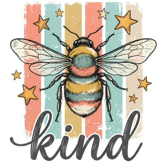bee, bumble bee, insects, nature, stars, striped, coral pink, mint green, mustard yellow, tan, cream, whimsical, vintage, retro, celestial, inspirational, kind, motivational, modern, colorful, multi-color, summer, spring, wall hanging, home decor, children's, kids, playful, artistic