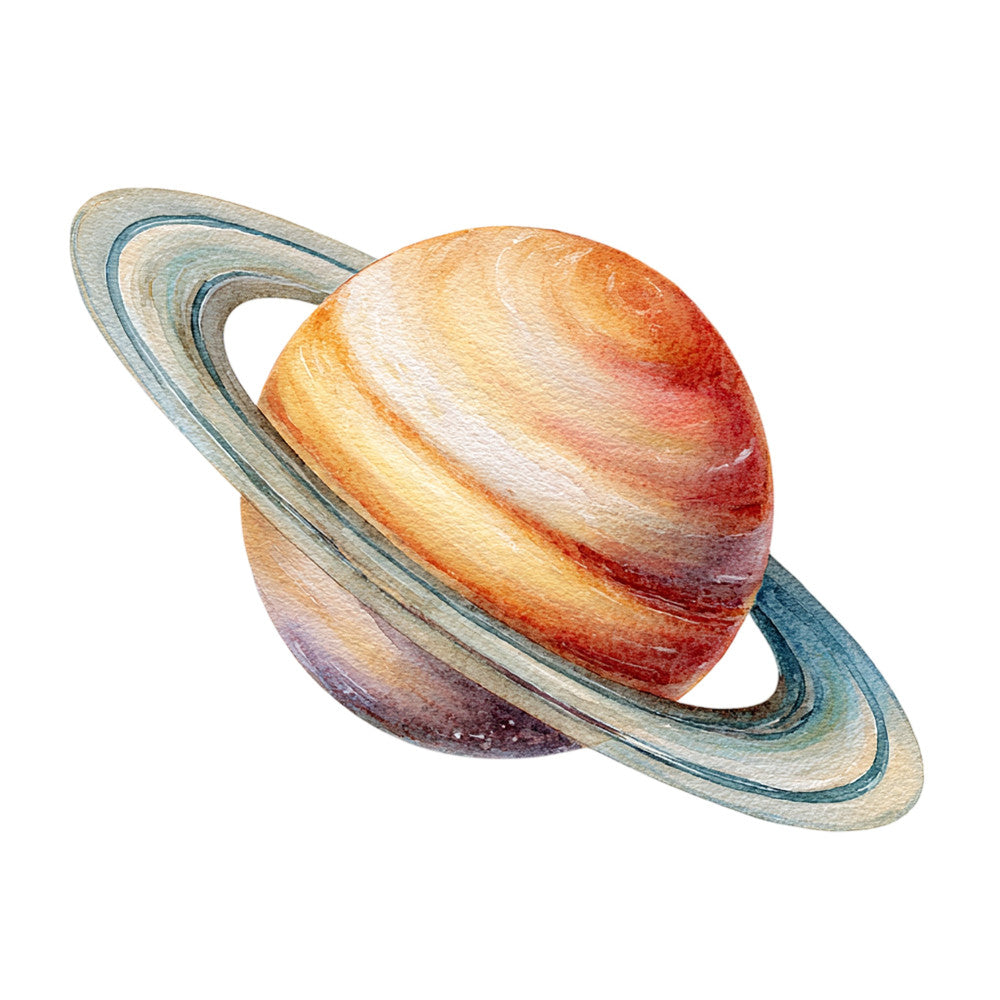 saturn, planet, space, celestial, astronomy, golden yellow, burnt orange, rust red, dusty blue, teal, beige, cream, outer space, cosmic, scientific, educational, nature, solar system, rings, gas giant, whimsical, illustration, watercolor, vintage science, school subject, educational theme, space themed, planetary, rustic elegant