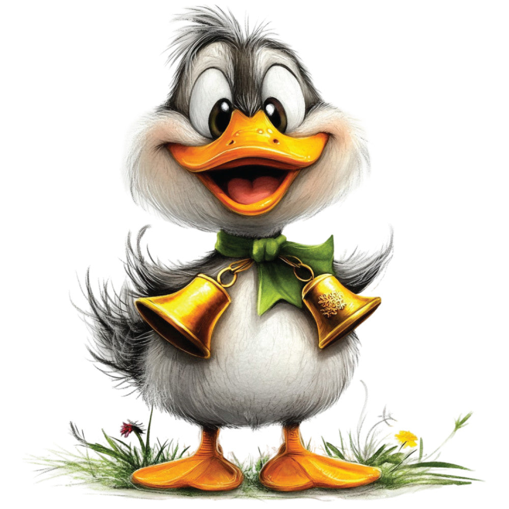 whimsical duck, fabric panel, cute duckling, orange beak, fluffy feathers, golden bells, green bow, white chest, gray plumage, orange webbed feet, cheerful expression, cartoon style, playful character, quilting cotton, adorable animal, festive accessories, soft pastels, children's fabric, nursery decor, kawaii style