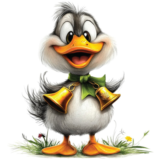 whimsical duck, fabric panel, cute duckling, orange beak, fluffy feathers, golden bells, green bow, white chest, gray plumage, orange webbed feet, cheerful expression, cartoon style, playful character, quilting cotton, adorable animal, festive accessories, soft pastels, children's fabric, nursery decor, kawaii style