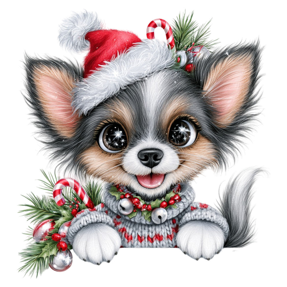 chihuahua, dog, puppy, christmas, holiday, festive, winter, red and white, gray, tan, cream, candy cane, santa hat, sweater, knit pattern, evergreen, pine needles, holly berries, jingle bells, whimsical, cute, adorable, animal portrait, seasonal, festive cheer, decorative panel, wall art, children's fabric, baby, playful