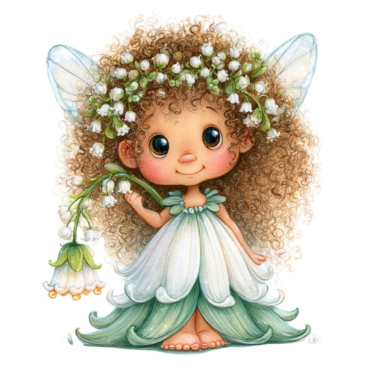 fairy, flower fairy, whimsical, fantasy, garden fairy, woodland, nature, spring, floral, white flowers, lily of the valley, curly brown hair, blue eyes, fairy wings, iridescent wings, cute, sweet, charming, children's, girl, magical, enchanted, pastel colors, cream, soft green, light blue, delicate, storybook, illustration, nursery