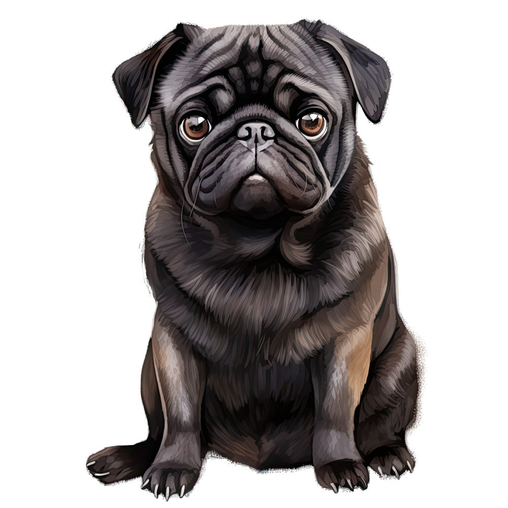 Watercolor Pug Fabric Panel 1 featuring a detailed, realistic black pug illustration on premium quilting cotton printed in the USA.