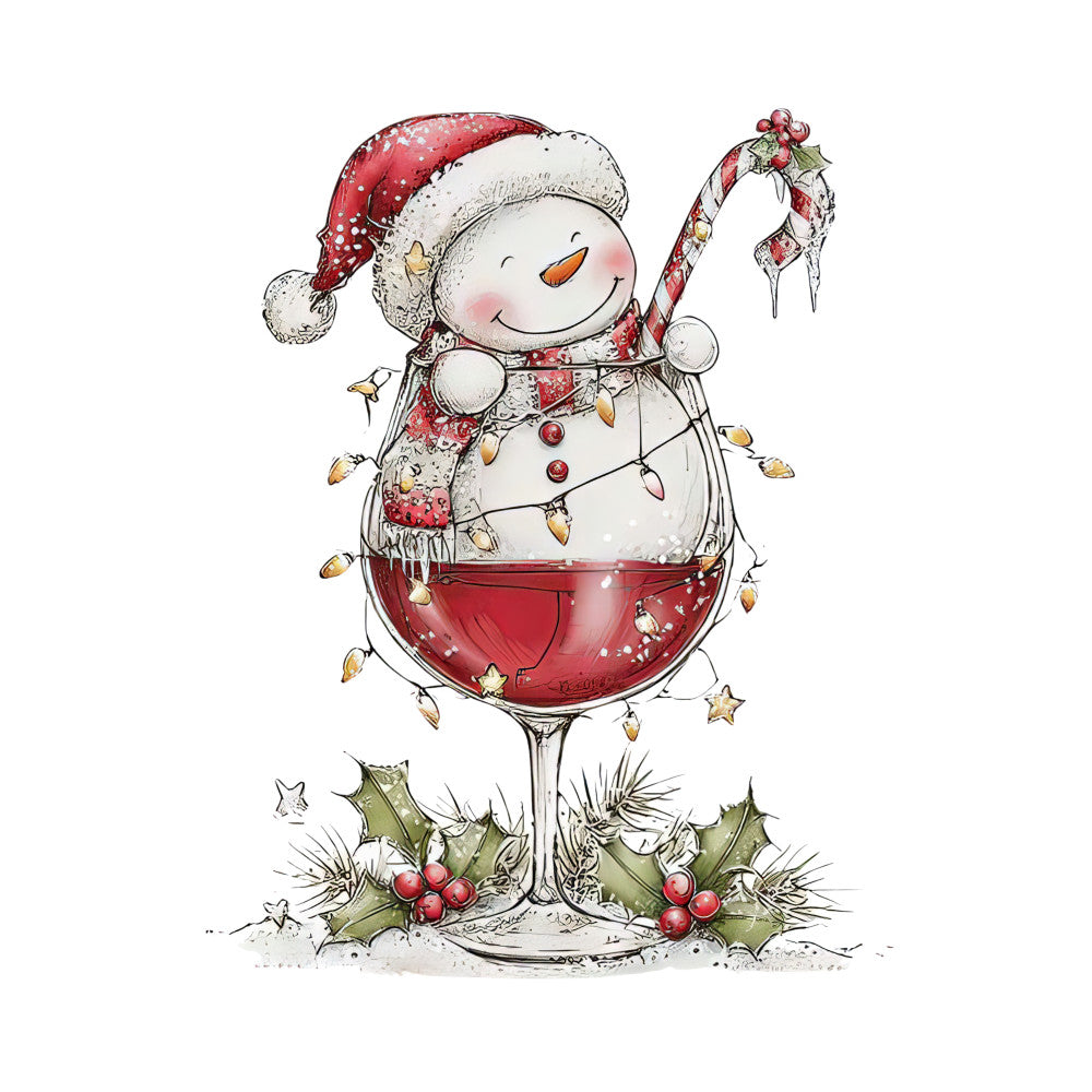 snowman, wine glass, red wine, santa hat, christmas lights, holly leaves, red berries, candy cane, fabric panel, quilting cotton, watercolor style, whimsical illustration, festive design, holiday theme, red and white, green accents, orange carrot nose, winter character, christmas decorations, cheerful snowman