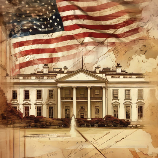 american flag, patriotic, white house, architectural, vintage, sepia tone, cream, tan, beige, red and white stripes, stars, historic, government, americana, nostalgic, sketch style, blueprint, traditional, elegant, neutral tones, independence day, monument, building motif, heritage, timeless, neutral palette, aged paper effect, drawing, documentary, educational