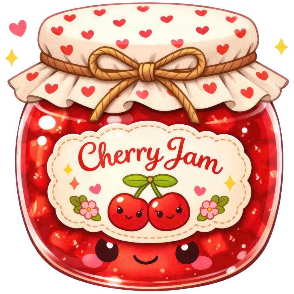 cherry jam, cherry red, cream, gold, heart pattern, hearts, cute, whimsical, kawaii, food themed, jam jar, preserves, vintage, cottage core, romantic, love, spring, summer, fruit, cherries, flowers, floral accents, bows, ribbons, happy faces, smiling characters, jar illustration, kitchen themed, farmhouse style, sweet