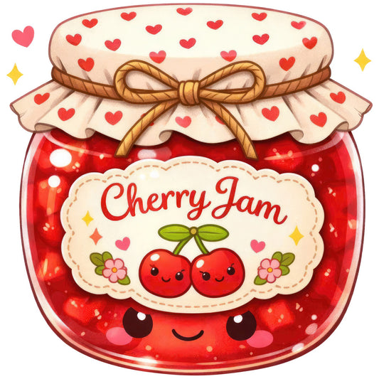 cherry jam, cherry red, cream, gold, heart pattern, hearts, cute, whimsical, kawaii, food themed, jam jar, preserves, vintage, cottage core, romantic, love, spring, summer, fruit, cherries, flowers, floral accents, bows, ribbons, happy faces, smiling characters, jar illustration, kitchen themed, farmhouse style, sweet