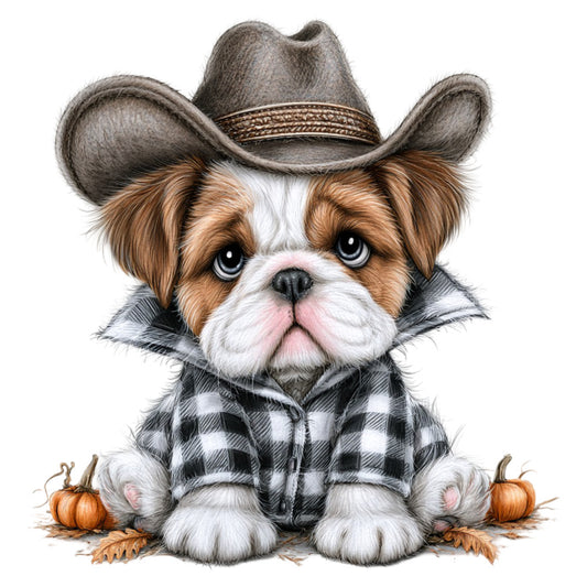 cowboy bulldog, western dog, autumn pumpkin, fall harvest, plaid shirt, black and white plaid, brown and white, tan and cream, gray cowboy hat, rustic farmhouse, whimsical animals, cute dog portrait, country style, thanksgiving theme, seasonal autumn, baby quilt, wall hanging, children's fabric, adorable pets, buffalo plaid, flannel pattern, western theme, farm animals, cozy rustic, festive fall, decorative panel, puppy print, humorous animals, harvest season