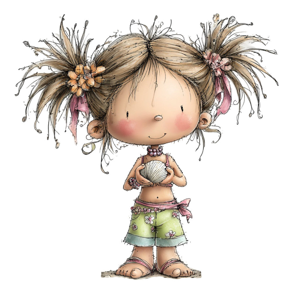 whimsical, girl, pigtails, straw hair, cute, playful, child illustration, flower girl, nature, bohemian, folk art, hand-drawn, cream, tan, sage green, dusty rose, mauve, peach, golden yellow, flowers, shells, decorative accessories, beaded necklace, barefoot, innocent, charming, children's theme, nursery, baby girl, spring