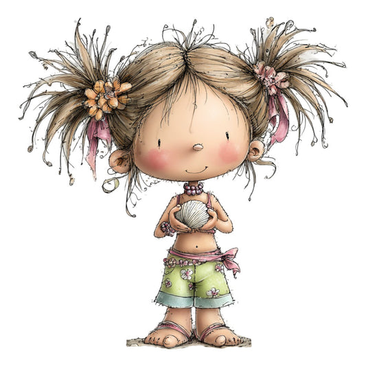 whimsical, girl, pigtails, straw hair, cute, playful, child illustration, flower girl, nature, bohemian, folk art, hand-drawn, cream, tan, sage green, dusty rose, mauve, peach, golden yellow, flowers, shells, decorative accessories, beaded necklace, barefoot, innocent, charming, children's theme, nursery, baby girl, spring