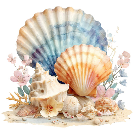 seashells, ocean, nautical, coastal, beach, watercolor, shells, coral pink, dusty blue, peach, cream, ivory, soft colors, pastel, watercolor painting, nature, botanical, flowers, delicate, elegant, whimsical, summer, seaside, marine life, dreamy, soft aesthetic, artistic, painted effect, sand dollars, starfish