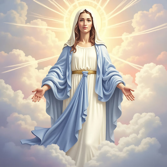 sky blue, cream, white, gold, soft pink, heavenly, religious, spiritual, celestial, clouds, divine, halo, angel, blessed, peaceful, serene, elegant, traditional, devotional, sacred, religious imagery, faith, grace, virgin mary, ethereal, heavenly light, radiant, inspirational, christian
