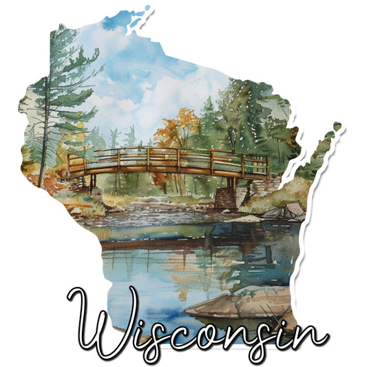 wisconsin, forest green, sky blue, cream, golden yellow, brown, nature, landscape, scenic, bridge, stream, trees, autumn, fall, rustic, peaceful, tranquil, water reflection, cabin, lodge, northwoods, scenic panel, outdoor, hiking, fishing, state pride, regional, topographic, watercolor, artistic