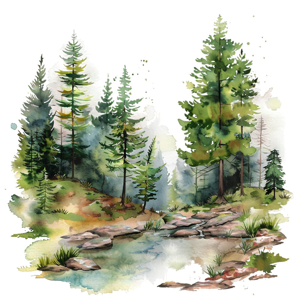watercolor painting, forest scene, evergreen trees, pine trees, nature landscape, stream water, rocks stones, green foliage, blue water, earth tones, summer scenery, woodland design, fabric panel, quilting cotton, artistic style, botanical print, outdoor theme, tranquil mood, soft brushstrokes, natural colors