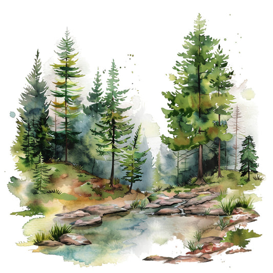watercolor painting, forest scene, evergreen trees, pine trees, nature landscape, stream water, rocks stones, green foliage, blue water, earth tones, summer scenery, woodland design, fabric panel, quilting cotton, artistic style, botanical print, outdoor theme, tranquil mood, soft brushstrokes, natural colors