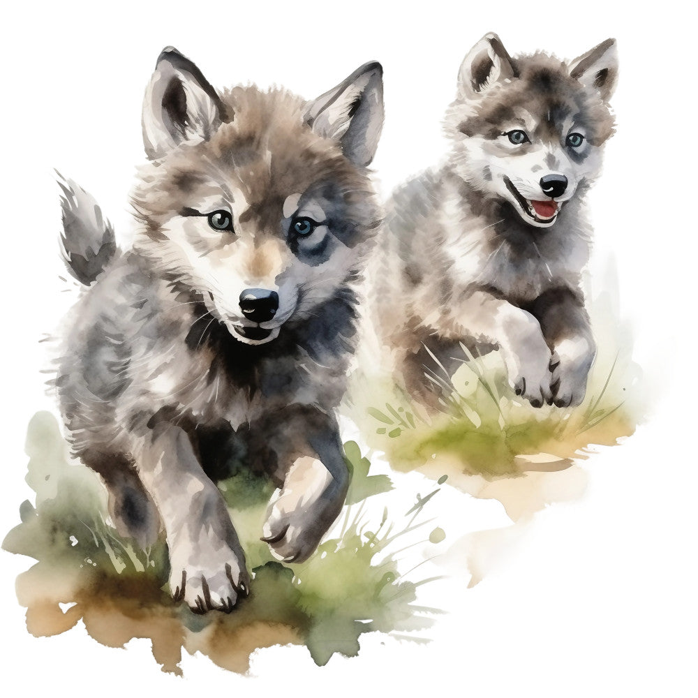 wolf pups, watercolor style, gray tones, brown shades, green grass, white background, playful wolves, baby animals, nature scene, wildlife fabric, fabric panel, quilting cotton, soft colors, earth tones, animal portrait, forest creatures, muted palette, artistic illustration, nursery theme, woodland animals