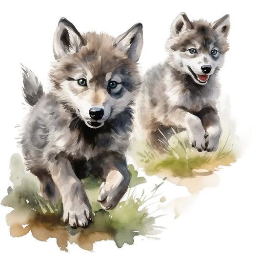 wolf pups, watercolor style, gray tones, brown shades, green grass, white background, playful wolves, baby animals, nature scene, wildlife fabric, fabric panel, quilting cotton, soft colors, earth tones, animal portrait, forest creatures, muted palette, artistic illustration, nursery theme, woodland animals