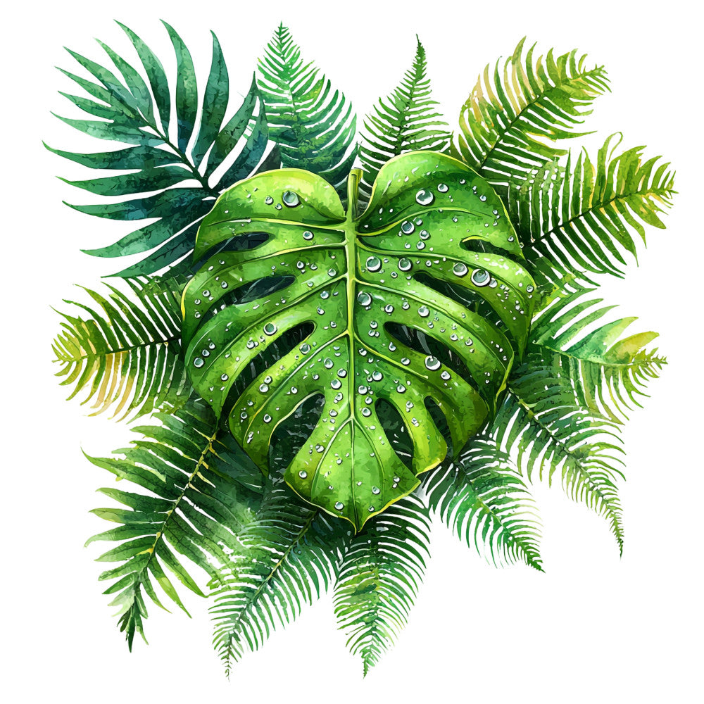 tropical leaves, monstera leaf, fern fronds, palm leaves, emerald green, forest green, lime green, watercolor style, botanical illustration, rainforest plants, water droplets, hawaiian flora, jungle foliage, fabric panel, quilting cotton, nature motif, exotic plants, lush greenery, tropical paradise, botanical design