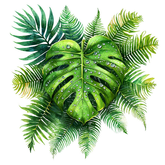 tropical leaves, monstera leaf, fern fronds, palm leaves, emerald green, forest green, lime green, watercolor style, botanical illustration, rainforest plants, water droplets, hawaiian flora, jungle foliage, fabric panel, quilting cotton, nature motif, exotic plants, lush greenery, tropical paradise, botanical design