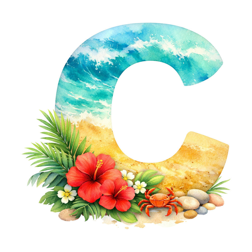 tropical beach, ocean waves, turquoise blue, aqua blue, sandy yellow, coral pink, red hibiscus, palm leaves, nautical, summer, coastal, beach theme, hibiscus flowers, white flowers, sand, rocks, crab, tropical flowers, seaside, whimsical, watercolor, nature, botanical, beach vacation, island vibes, ocean, seashore, decorative letter c, alphabet panel