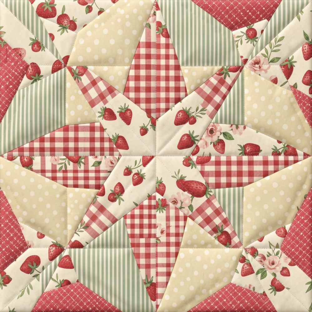 strawberry, red and cream, gingham, polka dot, striped, star quilt block, farmhouse, vintage, cottage core, country, garden, floral, roses, berries, red gingham check, cream background, sage green, traditional, quilted, patchwork, spring, summer, table runner, wall hanging, bed quilt, classic americana, folk art, botanical, fruit print, kitchen decor