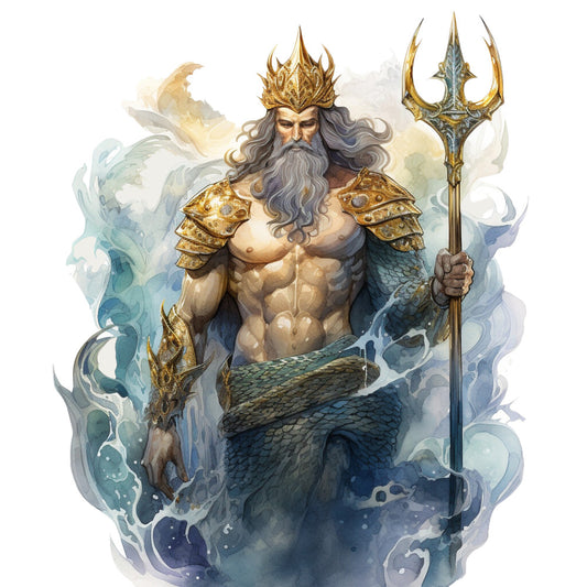 poseidon, sea god, trident, golden crown, long beard, muscular torso, fish tail, ocean waves, blue tones, aqua, gold accents, mythology, watercolor style, maritime theme, fabric panel, quilting cotton, fantasy art, nautical, sea foam, divine figure