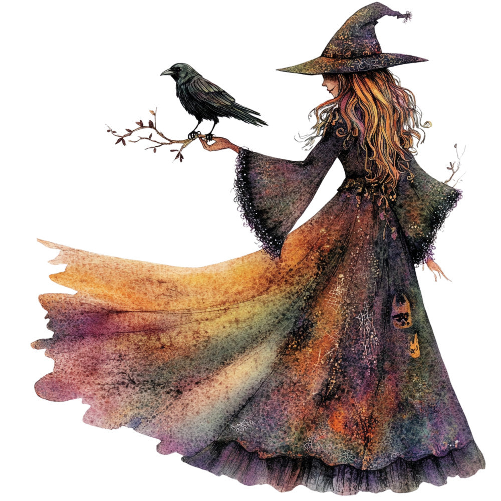 watercolor painting, witch character, black raven, pointed hat, flowing robes, autumn colors, orange tones, purple hues, green accents, magical theme, halloween motif, fantasy art, whimsical illustration, fabric panel, quilting cotton, seasonal design, mystical atmosphere, bird companion, flowing hair, enchanted style