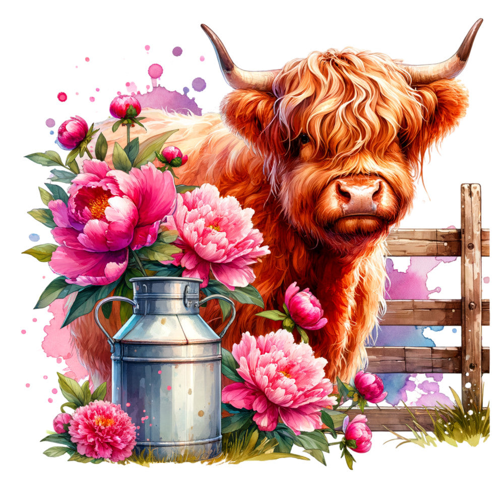 highland cattle, rustic farmhouse, pink peonies, floral, hot pink, coral pink, cream, rust orange, wood fence, country, farm animals, botanical, watercolor style, whimsical, cottage core, spring, summer, nature, milk can, shabby chic, romantic, garden flowers, decorative, wall hanging, home decor, boho, artistic, vibrant colors, livestock, pastoral