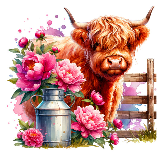 highland cattle, rustic farmhouse, pink peonies, floral, hot pink, coral pink, cream, rust orange, wood fence, country, farm animals, botanical, watercolor style, whimsical, cottage core, spring, summer, nature, milk can, shabby chic, romantic, garden flowers, decorative, wall hanging, home decor, boho, artistic, vibrant colors, livestock, pastoral