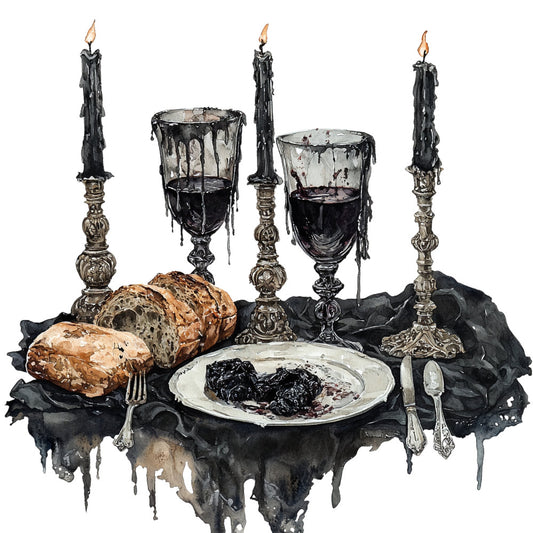 black, dark gray, charcoal, metallic silver, bronze, cream, white, gothic, dark romance, spooky, vintage, elegant, dramatic, moody, halloween, candles, candlestick, ornate, baroque, dark academia, witchy, macabre, mysterious, table setting, dinner scene, bread, food, still life, dramatic lighting, dark aesthetic